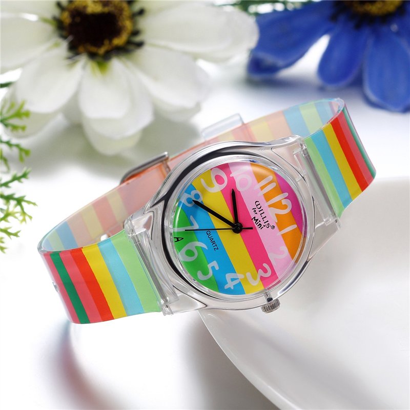 Image secondaire de JewelryWe Montre Quartz Enfant Etudiant Chiffre Cadran Rond Bracelet Plastique Gel de Silice Couleur Coloré avec Sac Cadeau