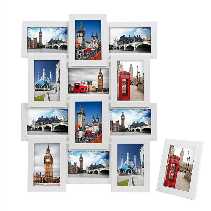 SONGMICS Cadre Photo Pêle-mêle, Mural Capacité de 12 Photos de 10 x 15 cm +1 Cadre Photo sur Table Offert MDF, Cadeau Noel, Néce