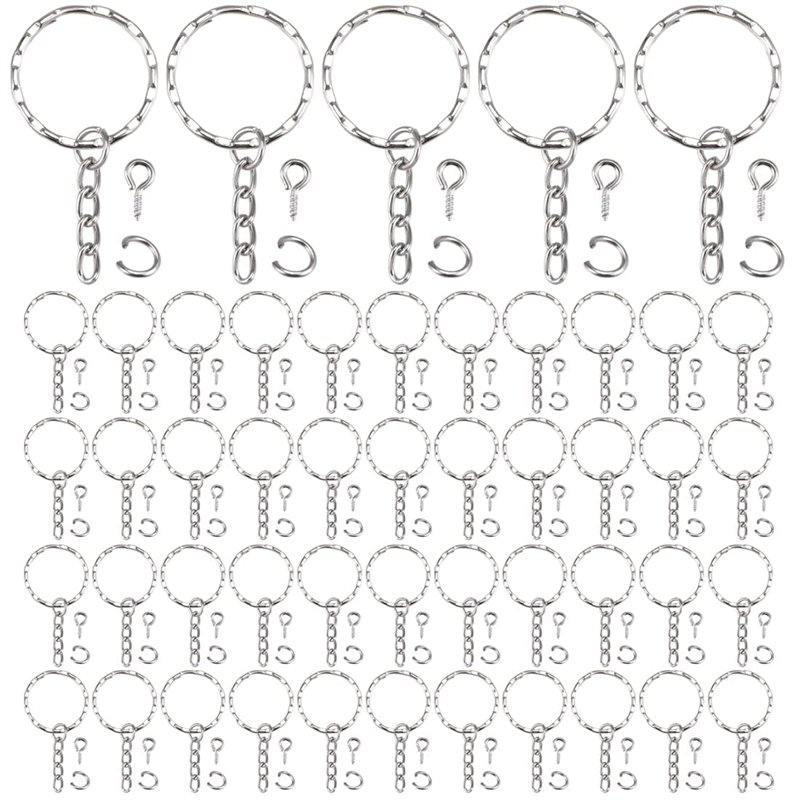 LEEQ 50 pièces Porte-clés Anneaux Split Porte-clés avec chaîne à maillons, 50 pièces Anneaux Ouverts et 50 pièces tiges à vis po