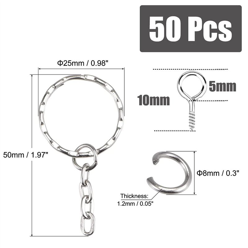 Image secondaire de LEEQ 50 pièces Porte-clés Anneaux Split Porte-clés avec chaîne à maillons, 50 pièces Anneaux Ouverts et 50 pièces tiges à vis po