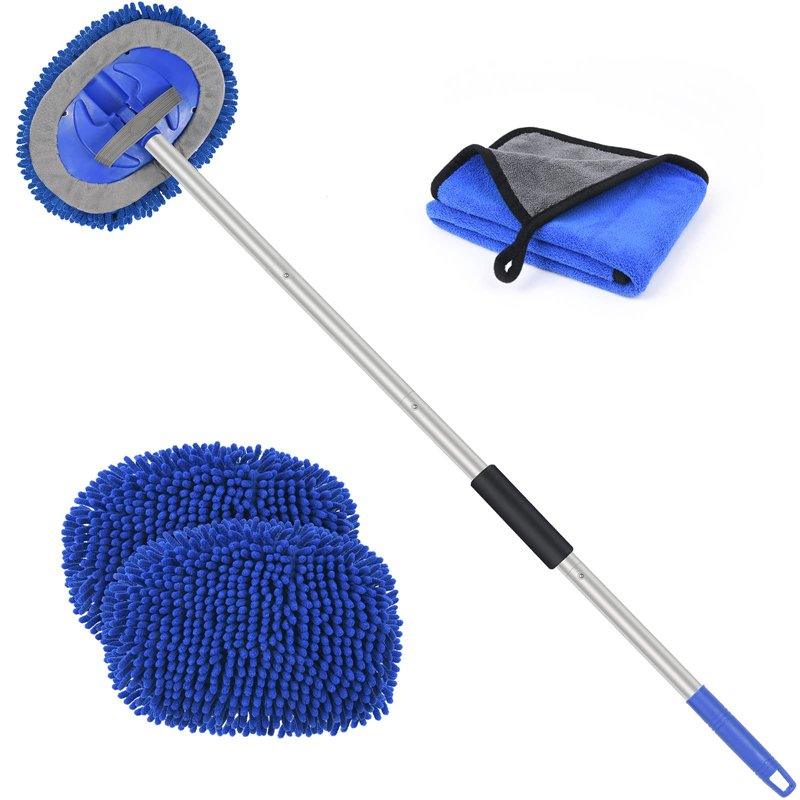 URAQT Brosse Lavage Voiture Télescopique, 160cm Nettoyage à Manche Long Vadrouille, 3en1 Microfibre Balai Pinceau, avec 2 têtes