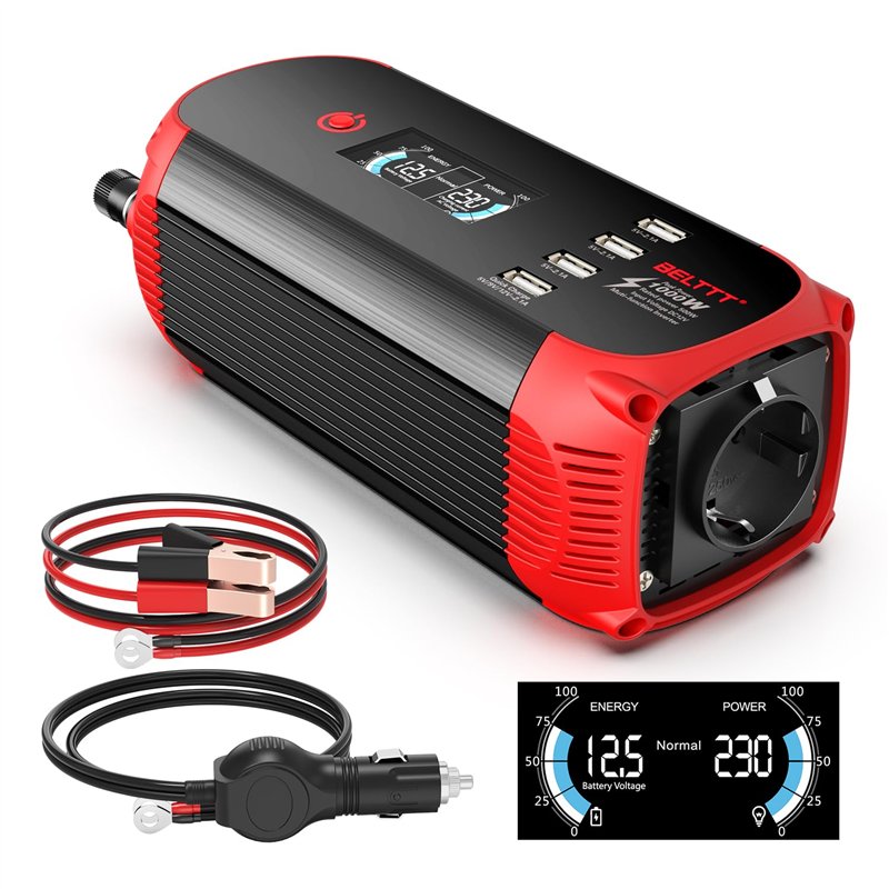 BELTTT Convertisseur 12V 220V 500W/1000W, Transformateur avec 1 EU Prise, 4 Ports USB et Affichage numérique LCD pour Camion, Ca
