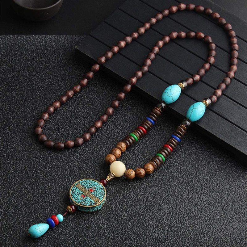 Image secondaire de THTHT Vintage En Perles Long Collier Chaîne Chandail Sculpture Sur Bois Naturel Ethnique Blue Mantra De Six Caractères Bohemian