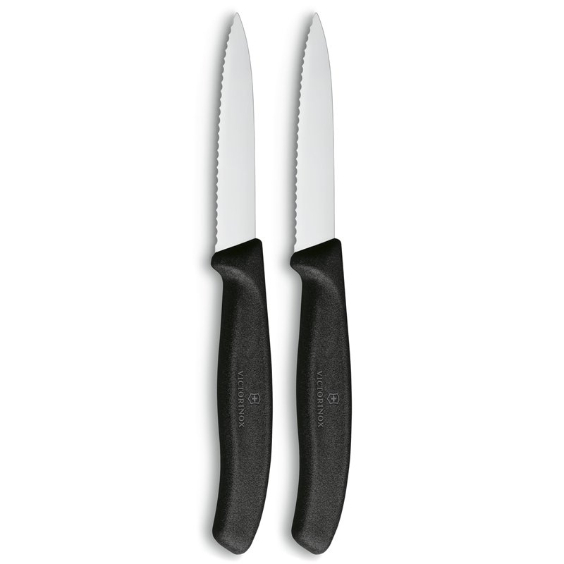 Victorinox Swiss Classic Set de 2 Couteaux d’Office, avec Tranchant Denté, Lavable au Lave-Vaisselle, Acier Inoxydable, Noir
