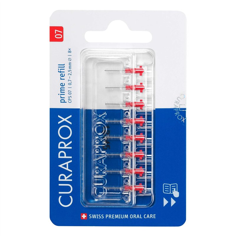 Curaprox brosses interdentaires CPS 07 prime, Refill, 8 pièces, 0,7 mm de diamètre, 2,5 mm d'efficacité, rouge, recharge, sans support