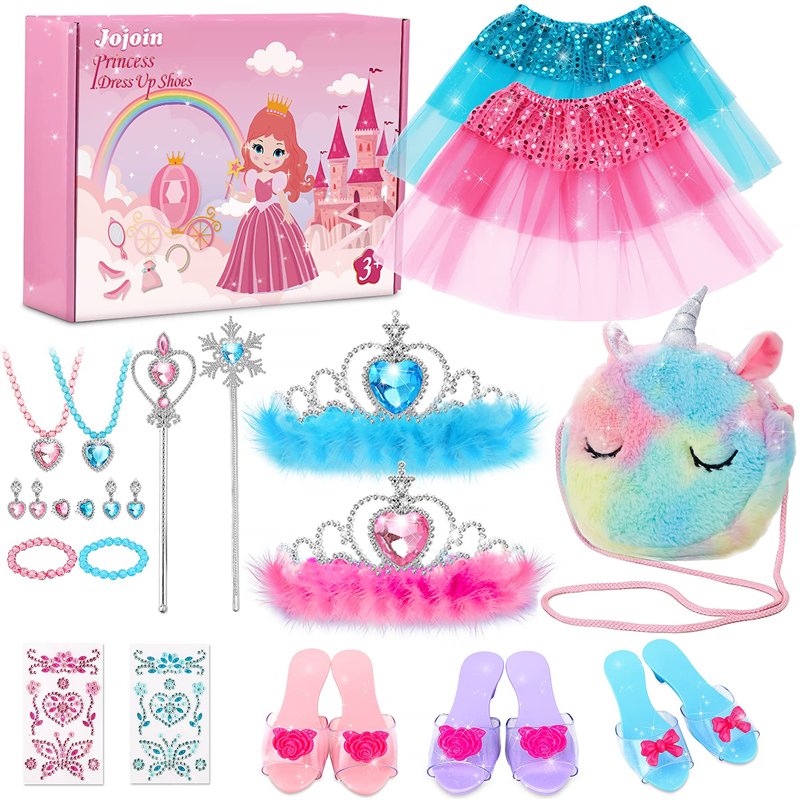 Jojoin 3 paires de Chaussures de Princesse Fille, Déguisement Accessoires, 1 Licorne Sac, 2 jupes, Bijoux pour Carnaval, Halloween