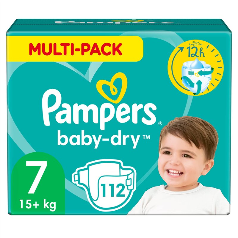 Pampers Couches Taille 7 (15+ kg), Baby-Dry, 112 Couches Bébé, Pack 1 Mois, Jusqu'à 12h Bien Au Sec et Avec Double-Barrière Anti