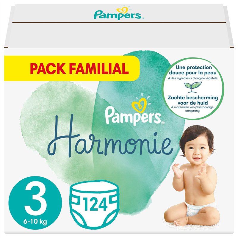 Pampers Couches Taille 3 (6-10 kg), Harmonie, 124 Couches Bébé (Lot de 4 x 31), 0% de compromis, 100% d'absorption, Ingrédients