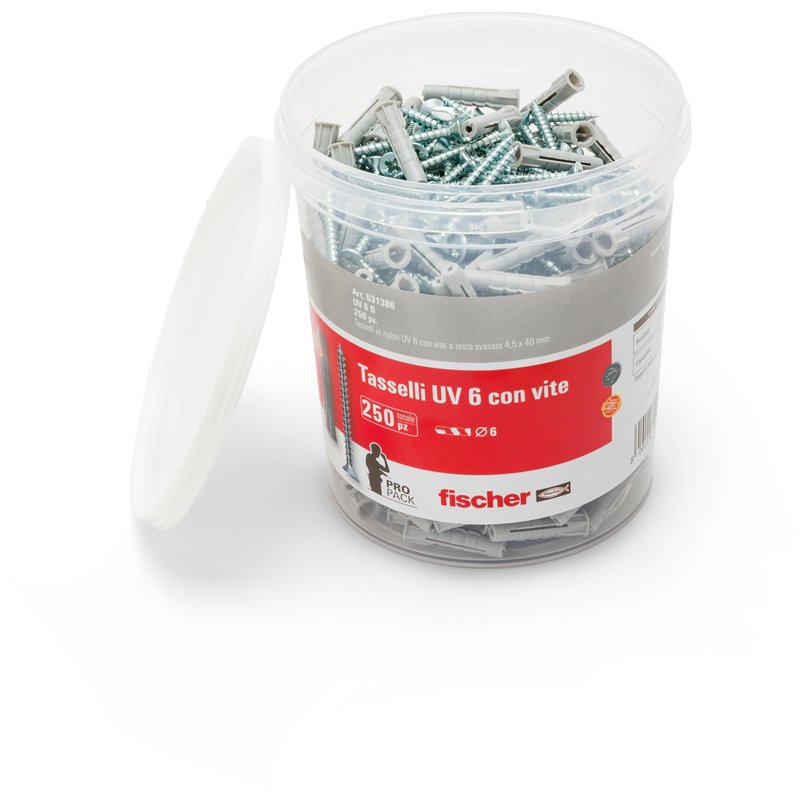 Fischer UV 6 S, seau avec 250 chevilles avec vis, mesure 6 x 30 mm, 250 chevilles + 250 vis, idéal pour briques pleines et perfo