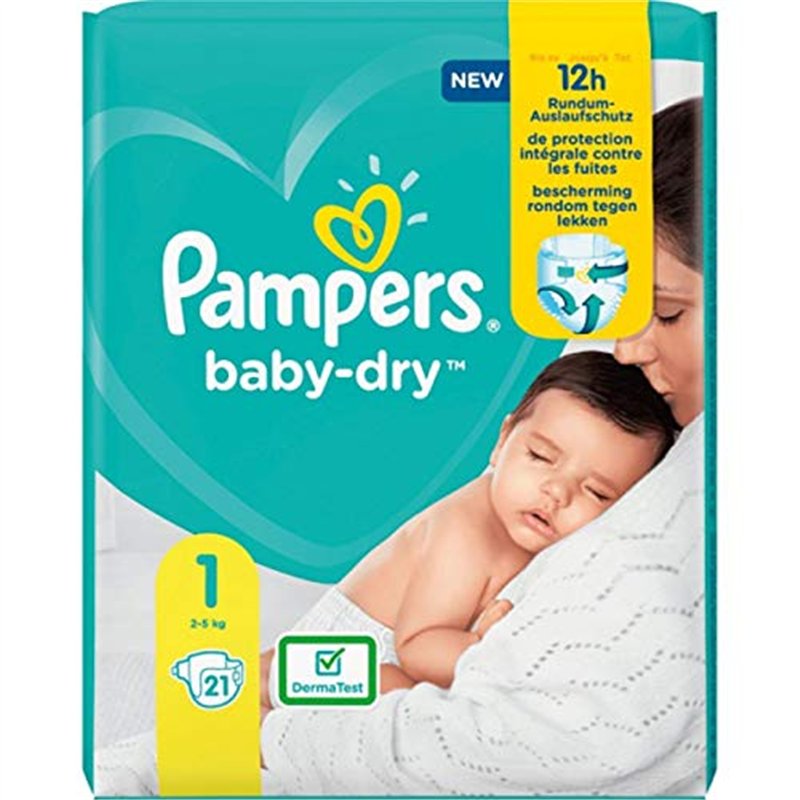 Pampers Baby Dry Taille 1, 21 couches, jusqu'à 12 heures de protection contre les fuites, 2 kg à 5 kg.