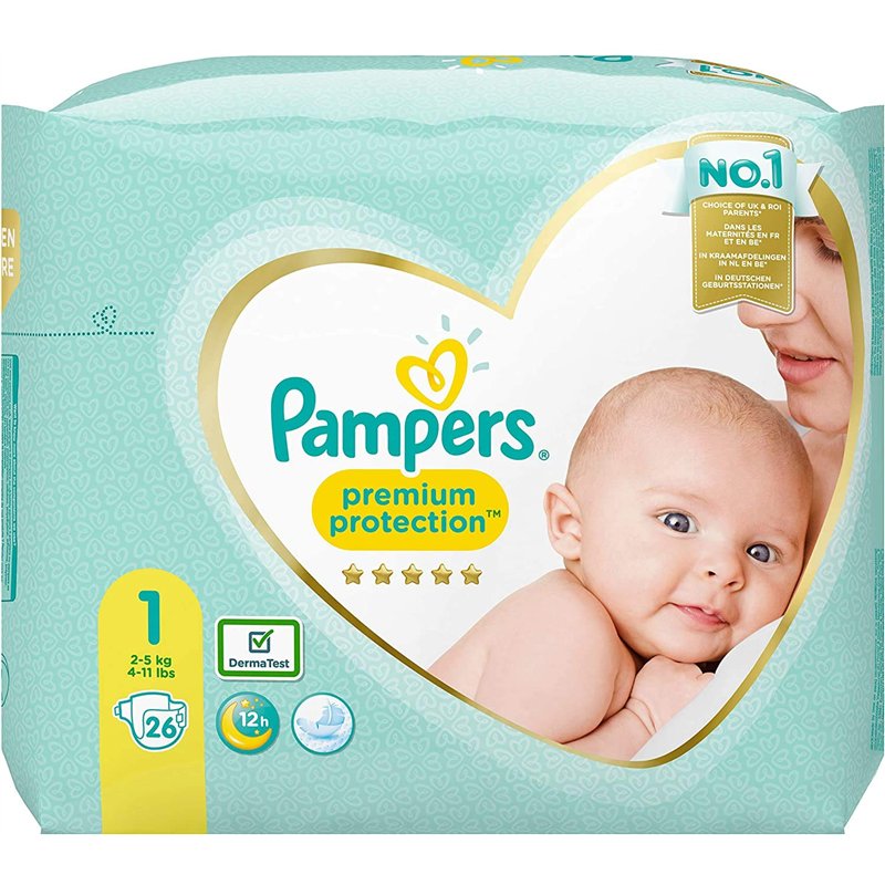 Pampers Premium Protection Lot de 4 paquets de 26 couches chacun, taille 1, pour nouveau-né de 2 à 5 kg