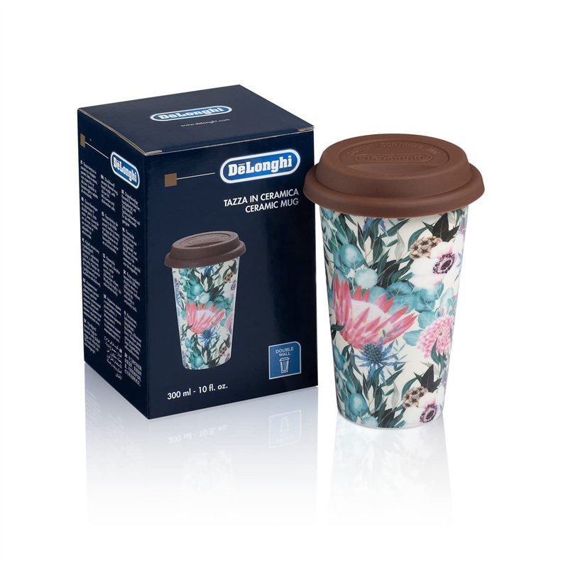 DeLonghi DLSC065 Tasse isotherme en céramique 295ml avec couvercle en silicone Motif fleurs, Ceinture