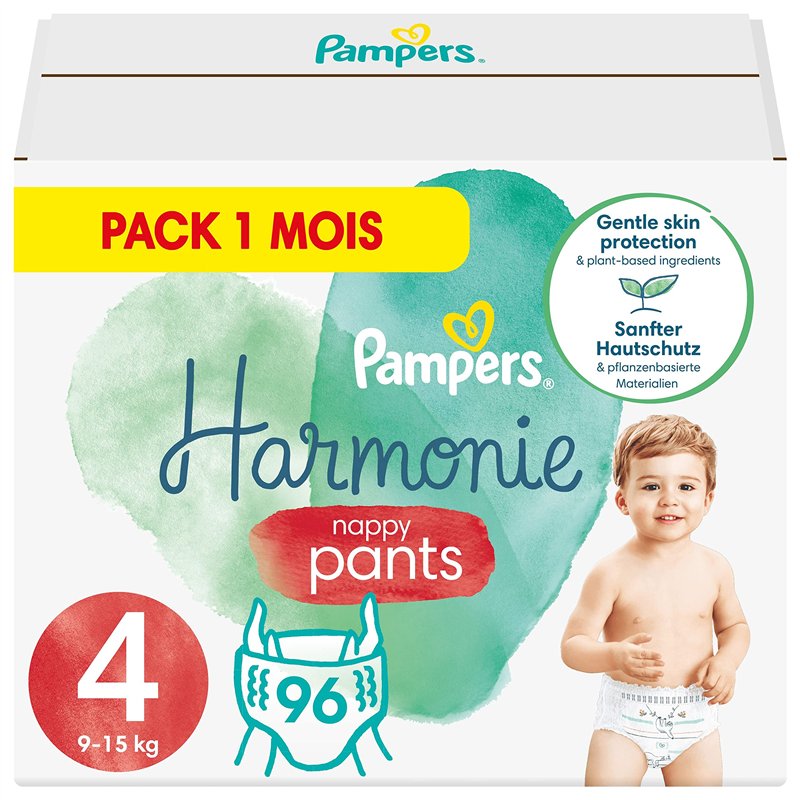 Pampers Couches-Culottes Taille 4 (9-15 kg), Harmonie, 96 Couches-Culottes Bébé, Multi Pack, 0% de compromis, 100% d'absorption,