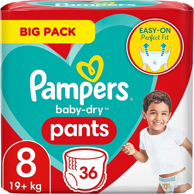 Pampers Baby Dry Pants Taille 8, 36 pièces, 19 kg, facile à enfiler avec ajustement idéal.