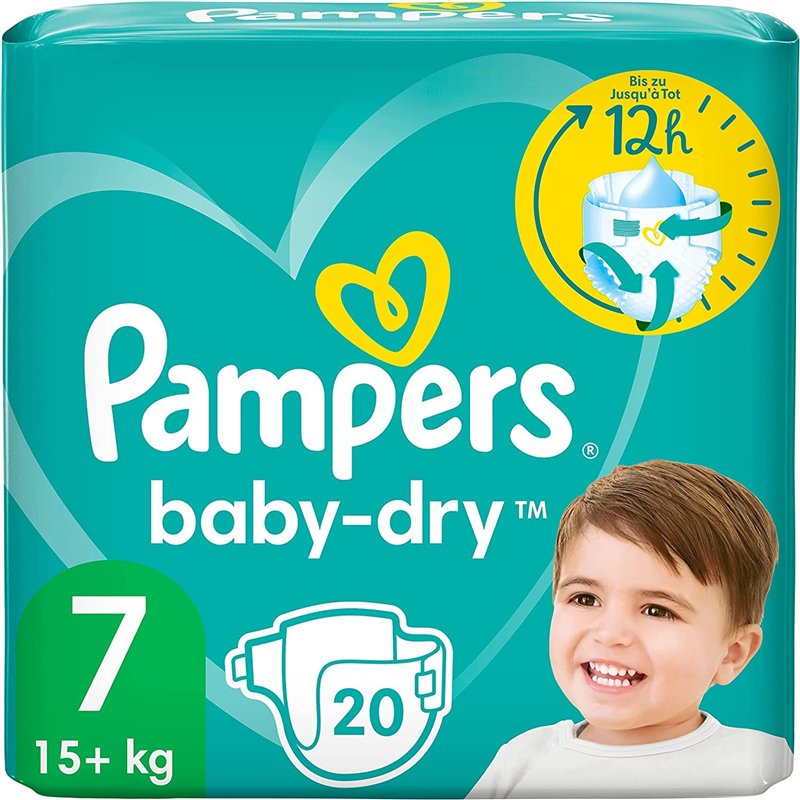 Pampers Baby Dry Lot de 20 couches pour bébé Taille 7 (15 kg) Extra Large Protection complète contre les fuites jusqu'à 12 heures