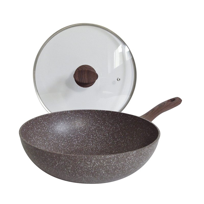 Pintinox Natura - Wok en aluminium, revêtement antiadhésif effet pierre, manche effet bois, couvercle en verre avec bouton soft-