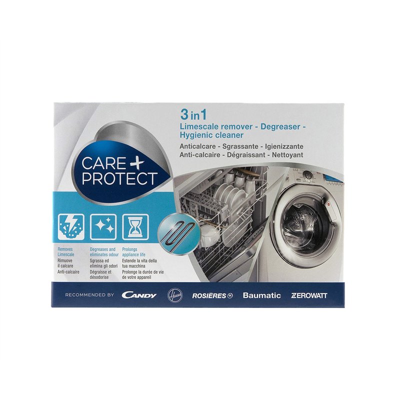 CARE + PROTECT 3en1 Lave-linge et Lave-vaisselle , Anti Calcaire, Hygiénisant et Dégraissant, Universel, en Poudre, 12 sachets