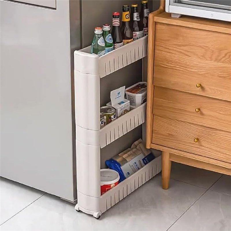 BAKAJI Étagère de Rangement Fine à 3 Niveaux, Meuble de Cuisine, Meuble de Rangement à roulettes, Chariot de Stockage, Étagère d