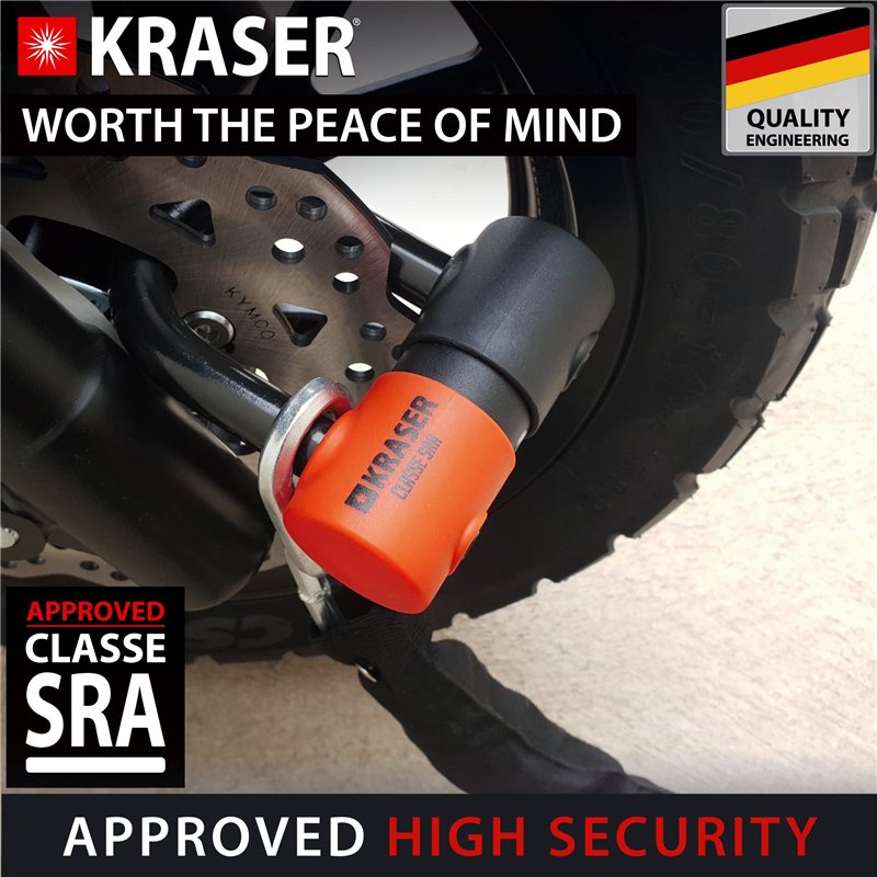 Image secondaire de KRASER KR50+120L Antivol Moto Bloque Disque Mini U Homologué SRA + Chaine Haute Sécurité Acier Massif Boucle, Kit Sécurité pour
