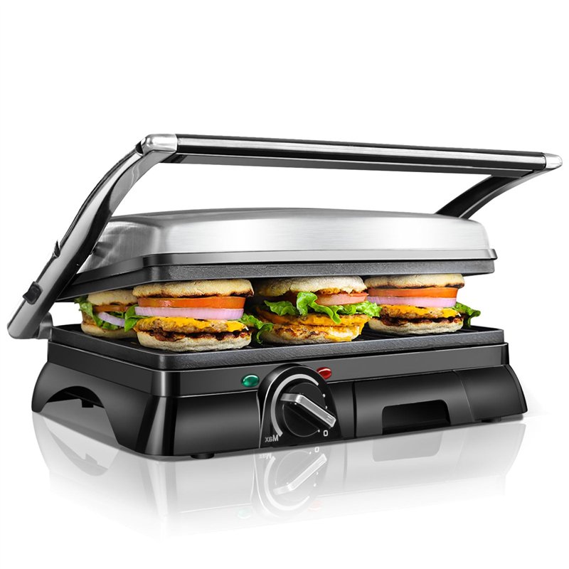 Aigostar Gril viande et panini multifonction, 2000W, Appareil paninis,Plaques antiadhésives et ouverture à 180º, Bac à graisse a