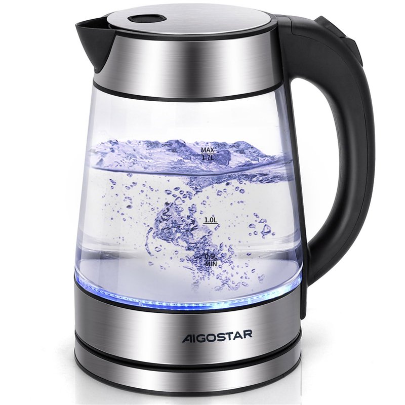 Aigostar Bouilloire Électrique en Verre avec illumination LED 1.7L 2200W, Bouilloire Inox Sans Fil à Chauffage Rapide, Filtre Am