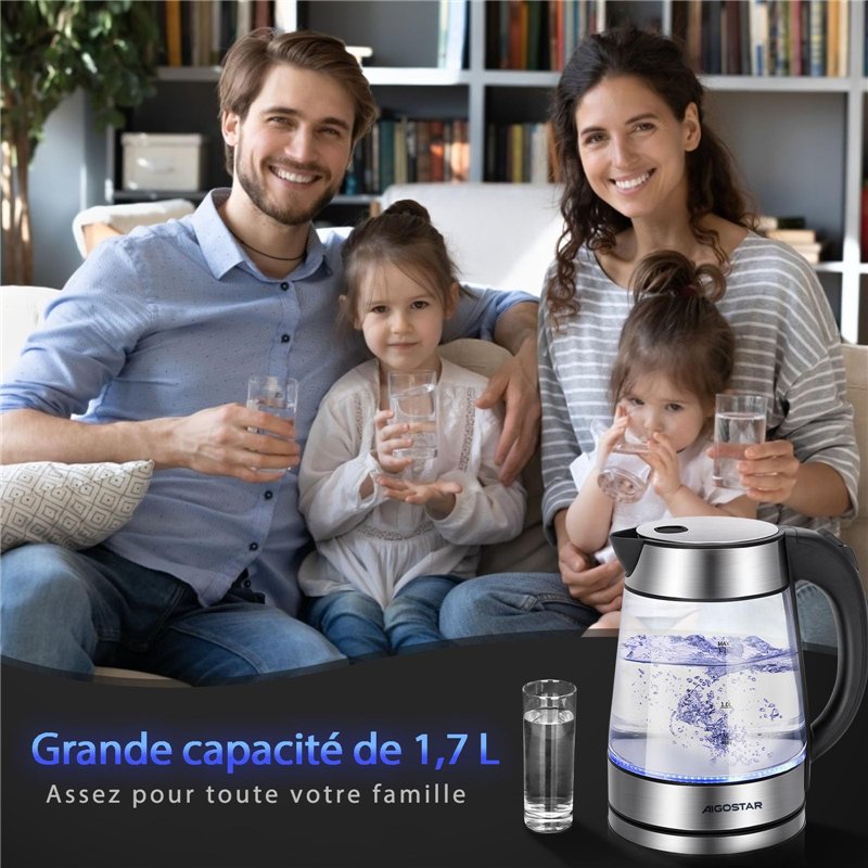 Image secondaire de Aigostar Bouilloire Électrique en Verre avec illumination LED 1.7L 2200W, Bouilloire Inox Sans Fil à Chauffage Rapide, Filtre Am