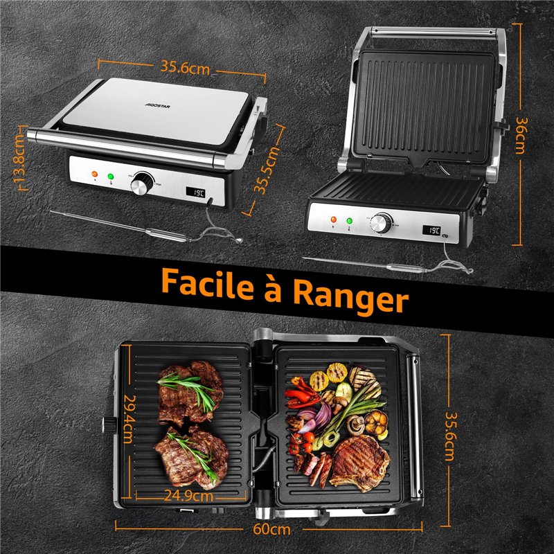 Image secondaire de Aigostar Grill Panini, Grille-pain à Sandwich Avec Sonde Alimentaire, Plaques Antiadhésives Amovibles, Grill électrique, 2000W,