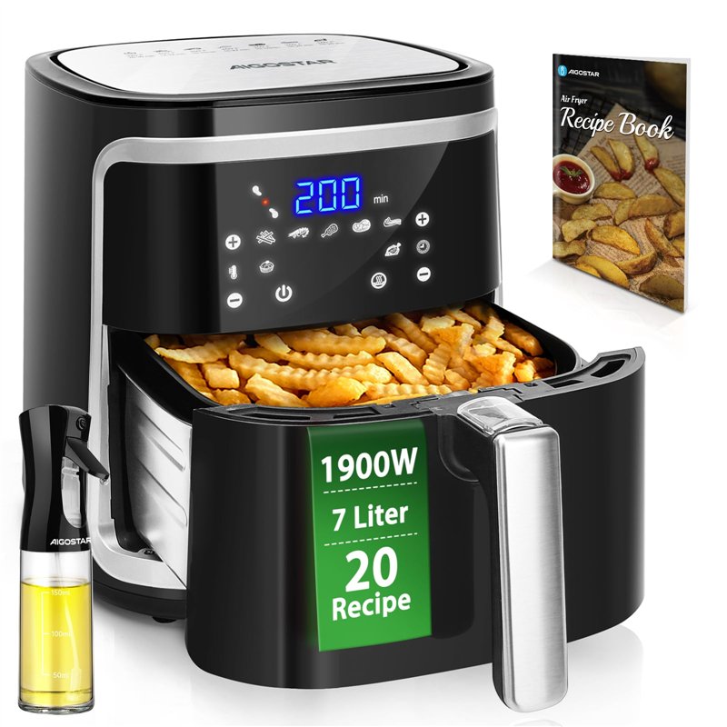 Aigostar Cube - Friteuse à air sans huile de XXL, 1900W, 7L air fryer. Livre de recettes inclus. Mode manuel et fonction maintie
