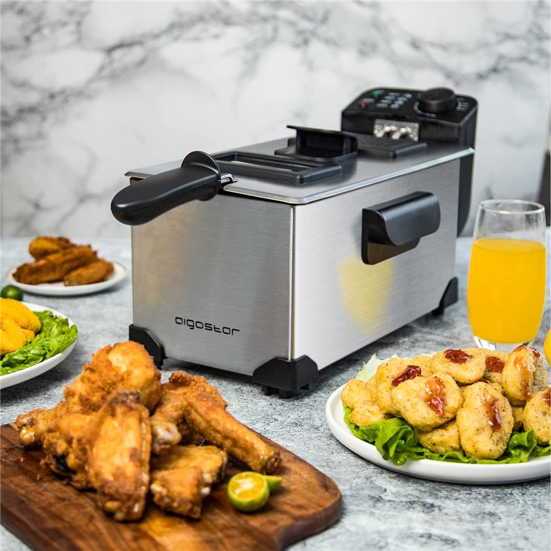 Image secondaire de Aigostar Ushas 30HEZ - Friteuse en acier inoxydable de type 304. 2200W, capacite de 3L. Cuve amovible pour vider l'huile. 100% sans BPA