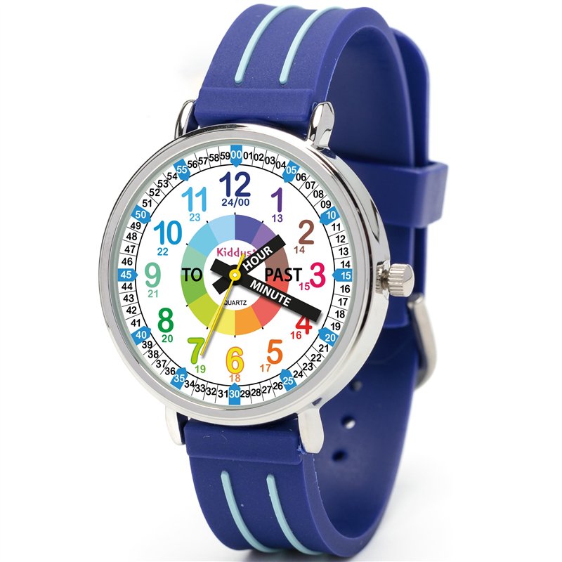 Kiddus Montre Bracelet Éducative pour Enfants. Analogique avec Exercices. Mécanisme en Quartz Japonais. Version Anglaise. Bleu