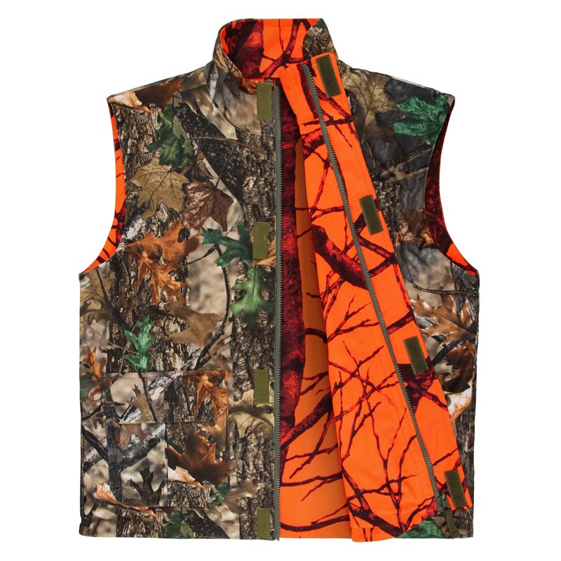GUGULUZA Homme Gilet de Chasse Orange Camo, Réversible, Multi-Poches, pour Pêche Chasse Camping, M