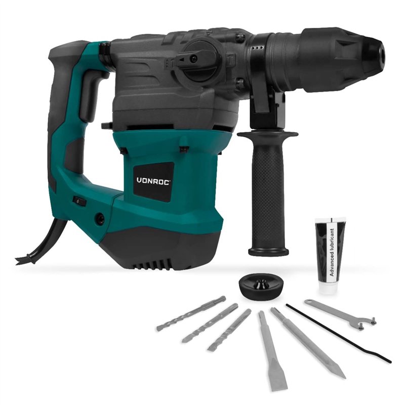VONROC Marteau Perforateur 1500W - 6 Joules, SDS Plus, 4 Fonctions - Mandrin et Engrenages Fournis - Marteau Perforateur Électri