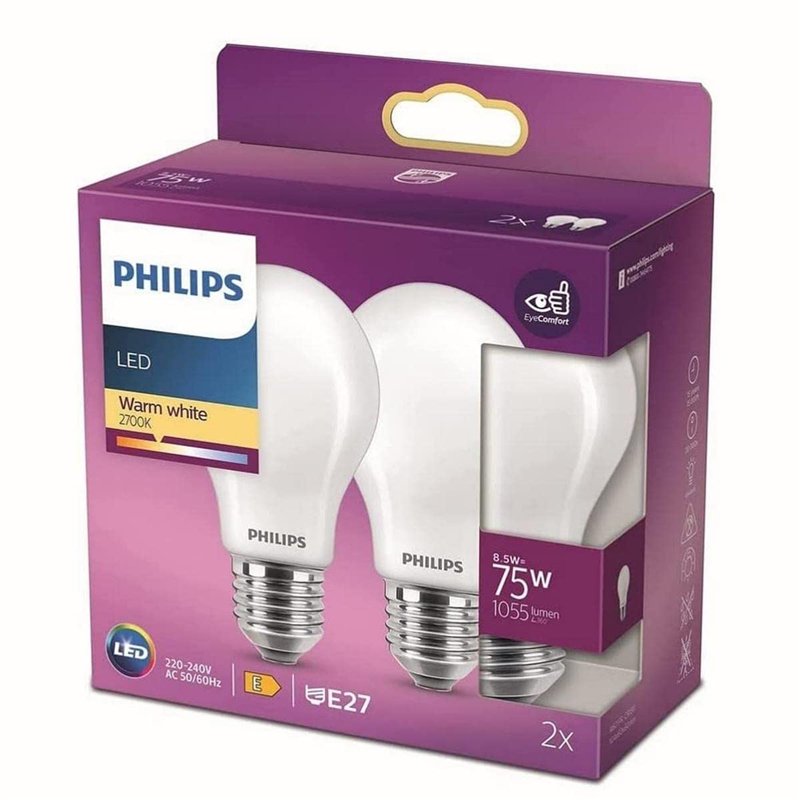 Philips ampoule LED Equivalent 75W E27 Blanc chaud non dimmable, verre, lot de 2
