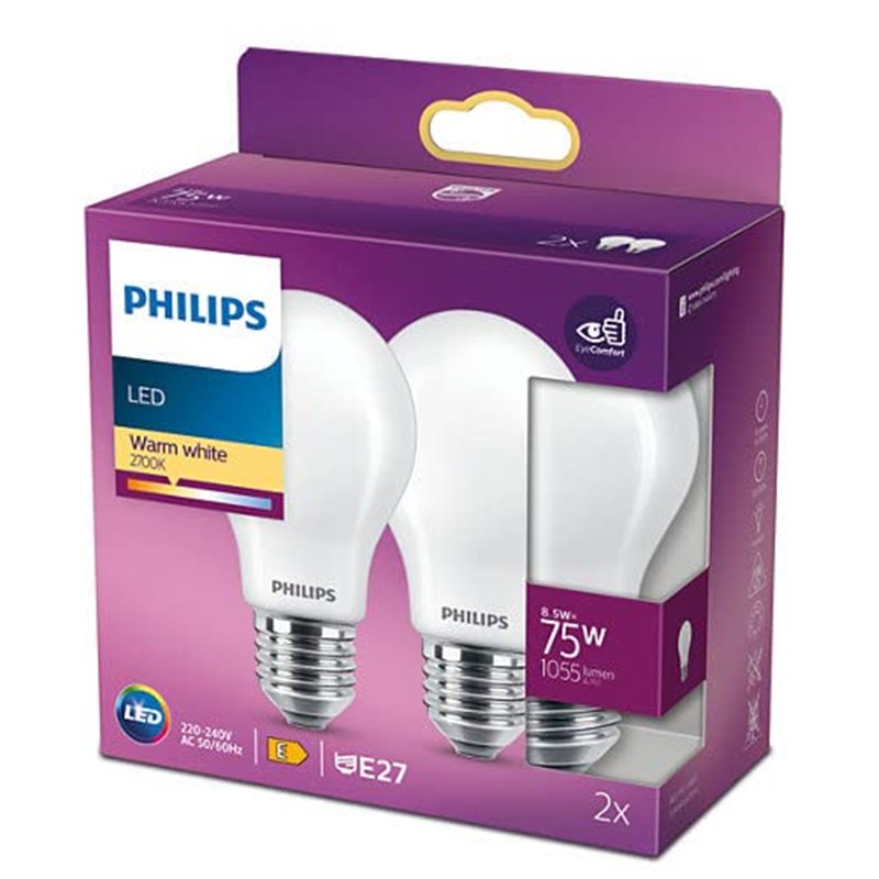 Image secondaire de Philips ampoule LED Equivalent 75W E27 Blanc chaud non dimmable, verre, lot de 2