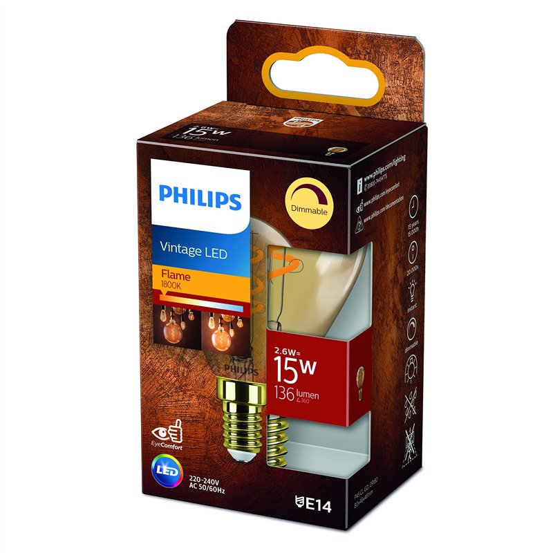 Philips ampoule LED Sphérique E14 15W Blanc Chaud Ambrée Compatible Variateur, Verre