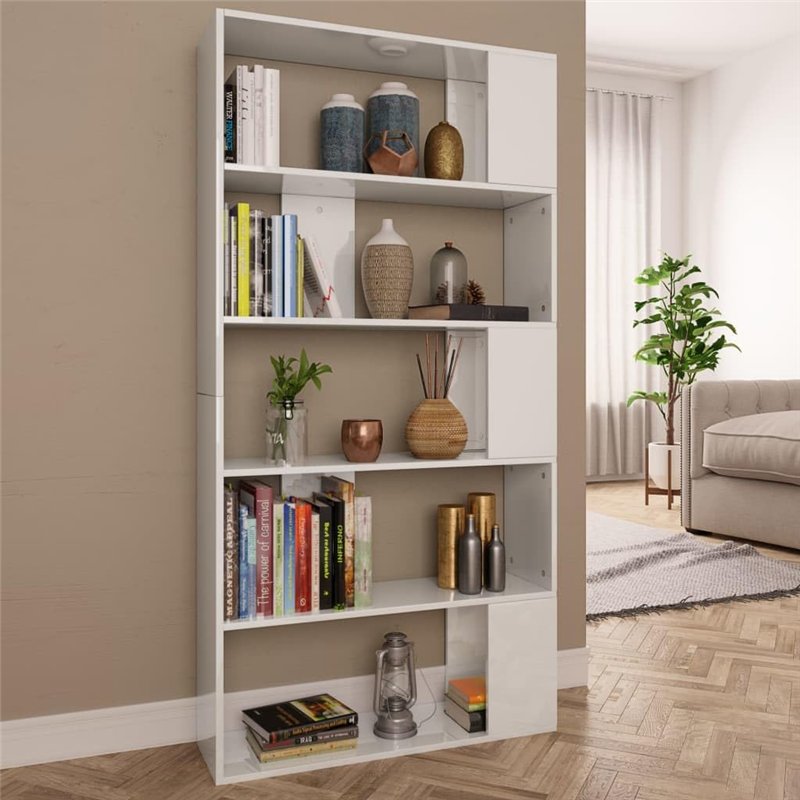 Image secondaire de vidaXL Étagère à Livres avec 5 Grands Compartiments - Étagère Murale en Panneaux de Particules - Blanc Brillant - 80 x 24 x 159