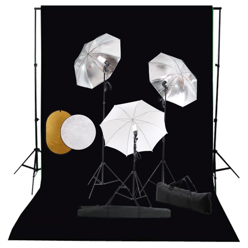 vidaXL Kit de Studio Photo avec Lampes Toile de Fond et Réflecteur Kit d'Eclairage Photographie Système de Toile de Fond Lumière