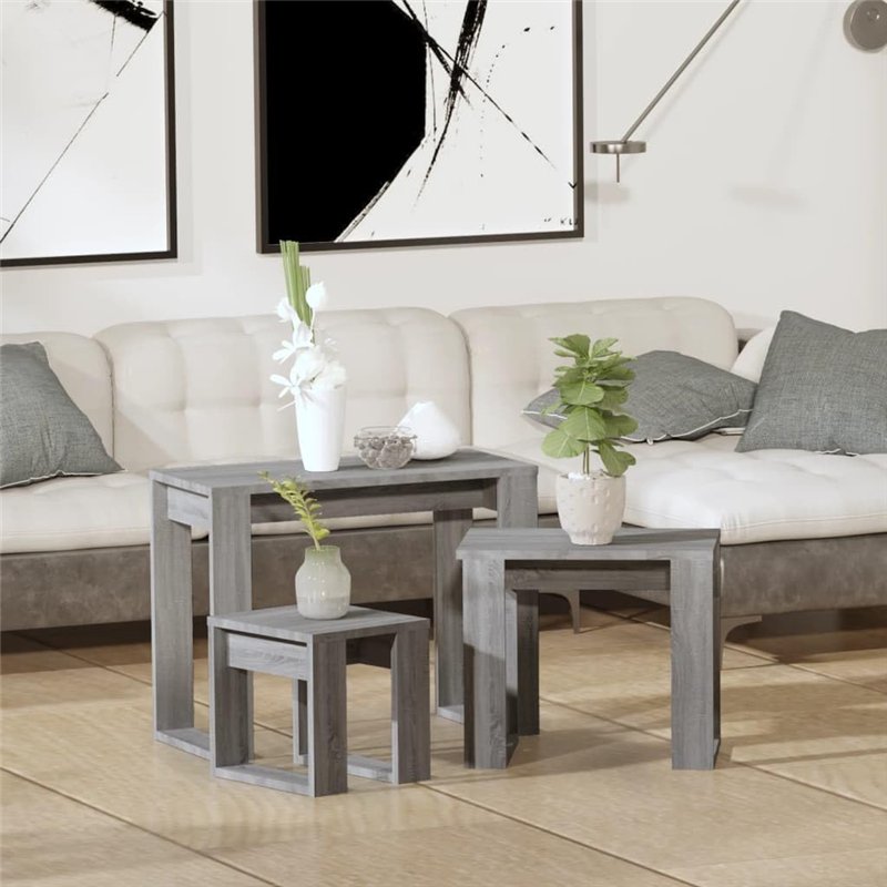 Image secondaire de vidaXL Tavolini Impilabili 3 pz Grigio Sonoma in Legno Multistrato
