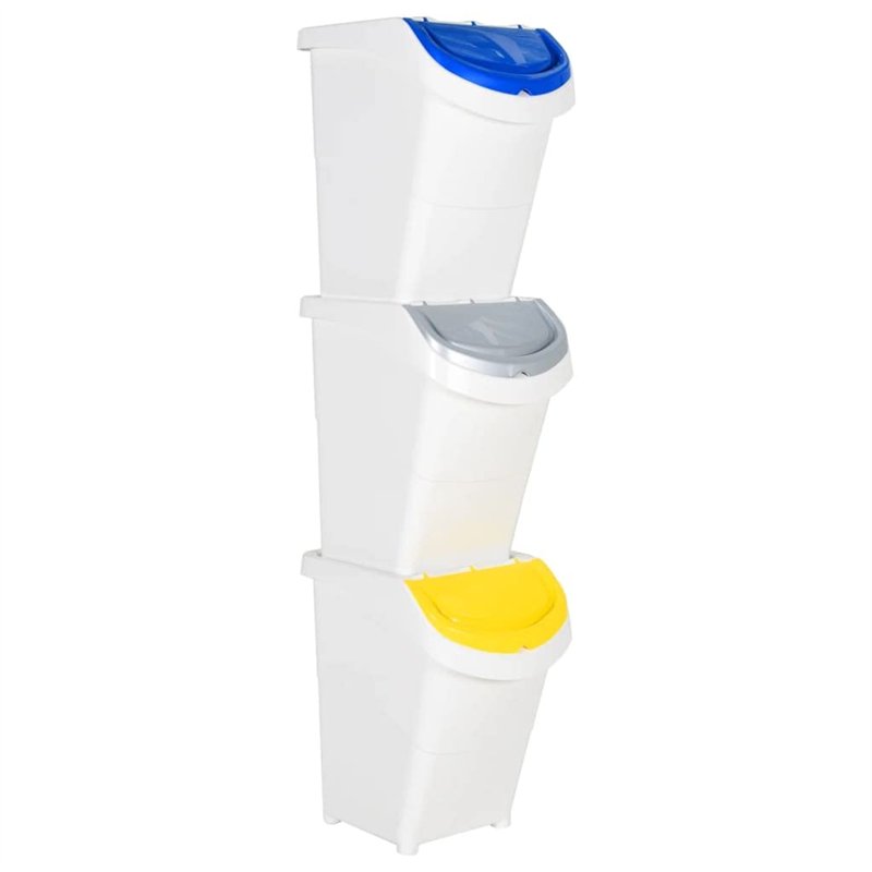 vidaXL Poubelles empilables avec couvercles 3 pcs Blanc PP 120 L, Poubelle de Recyclage, Poubelle de Cuisine, Poubelle de tri, P
