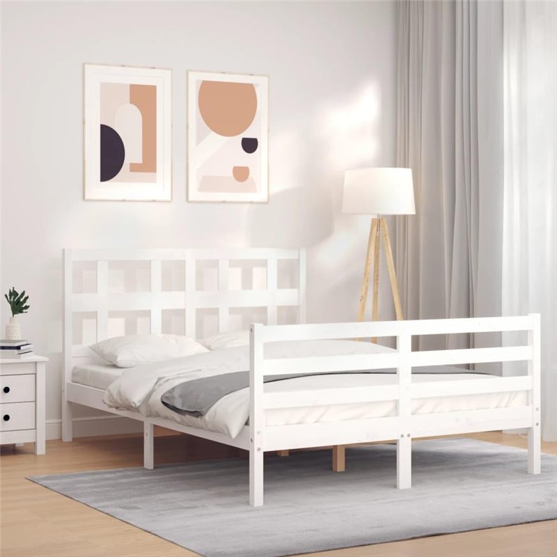 Image secondaire de vidaXL Cadre de lit avec tête de lit Blanc 140x200 cm Bois Massif, lit, mobilier de Chambre à Coucher, lit en Bois, lit Double,