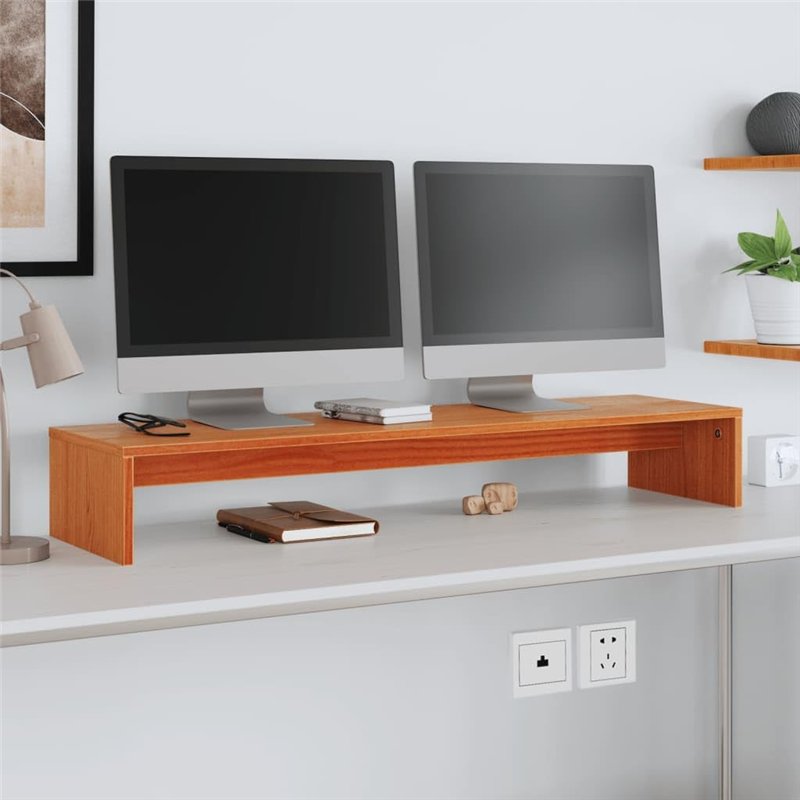 Image secondaire de vidaXL Support de Moniteur Marron Miel 100x27x15 cm Bois de pin Solide, Support de Moniteur Double, Support de Moniteur en Bois,