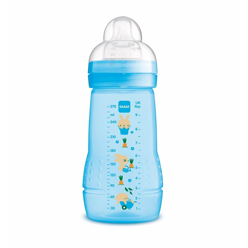 MAM Biberon, 2-4 mois, 270 ml, avec tétine 2 à débit moyen en silicone, facile à tenir, facile à nettoyer, MAM Easy Active, bleu