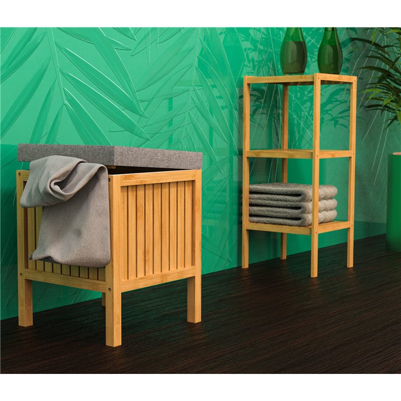Image secondaire de EISL BMBA02-WKBH Tabouret de salle de bain en bambou avec panier à linge, tabouret avec assise, meuble de salle de bain pour s'a