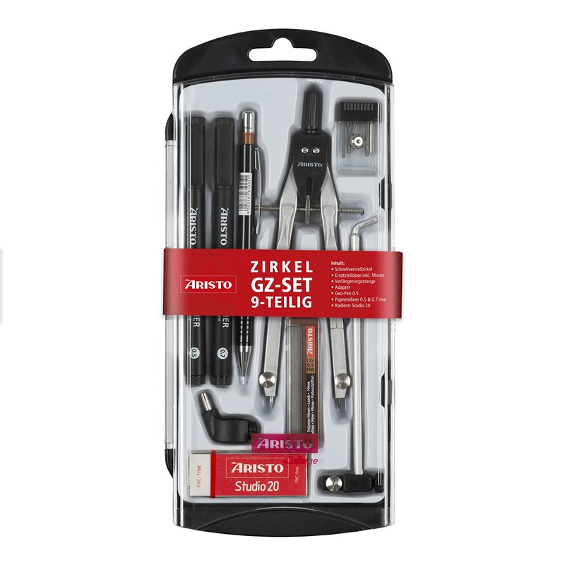 Aristo AR80078 Compas à réglage rapide 9 pièces (compas avec 2 articulations et de nombreux accessoires, porte-mine avec mines d