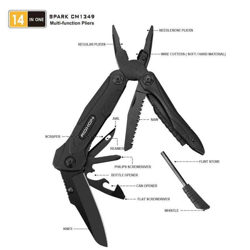 Image secondaire de Roxon Pince multifonction CM1349 SPARK, Pince pliante multifonction 14 en 1, Ensemble d'outil multifonction portable de survie e