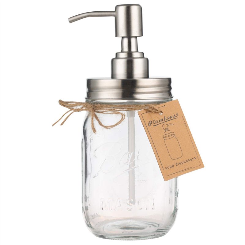 Plomkeest Distributeur de savon Mason Jar en verre transparent avec pompe en acier inoxydable pour salle de bain, cuisine, décor