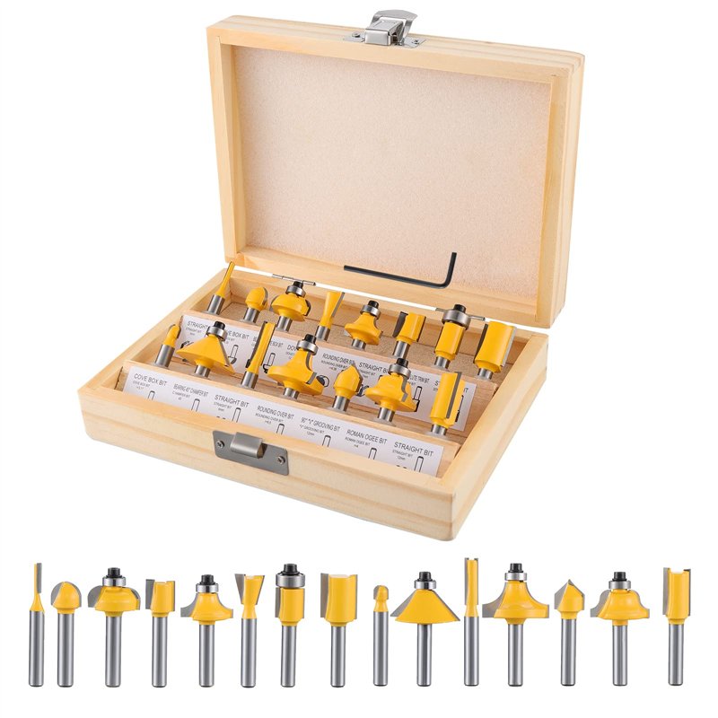 Gueenky 15 Pièces Coffret Fraise Défonceuse, Fraise Defonceuse 6,35 mm en Carbure de Tungstène, Coffret de Fraises pour Défonceu