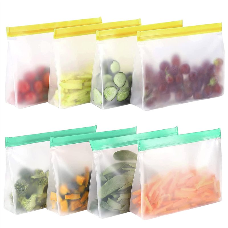 Lot de 8 sacs en silicone réutilisables avec fermeture éclair et support pour aliments, congélation, sandwich, sacs de rangement