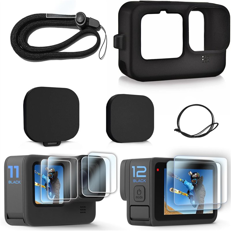 FiTSTILL étui de protection en silicone pour Go pro Hero 12/Hero 11/Hero 10/Hero 9 Black, capuchon d'objectif, protecteur d'écran