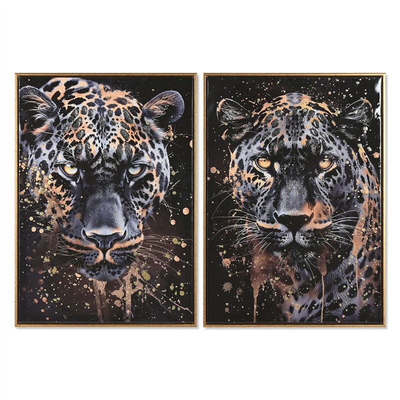 Cadre Home ESPRIT Noir Doré Léopard Colonial Laqué 50 x 3,5 x 70 cm (2 Unités)